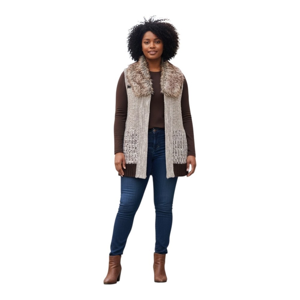 Maurice‎ Women XXL Faux Fur Removable Collar Wool Blend Brown Cream Sweater Vest